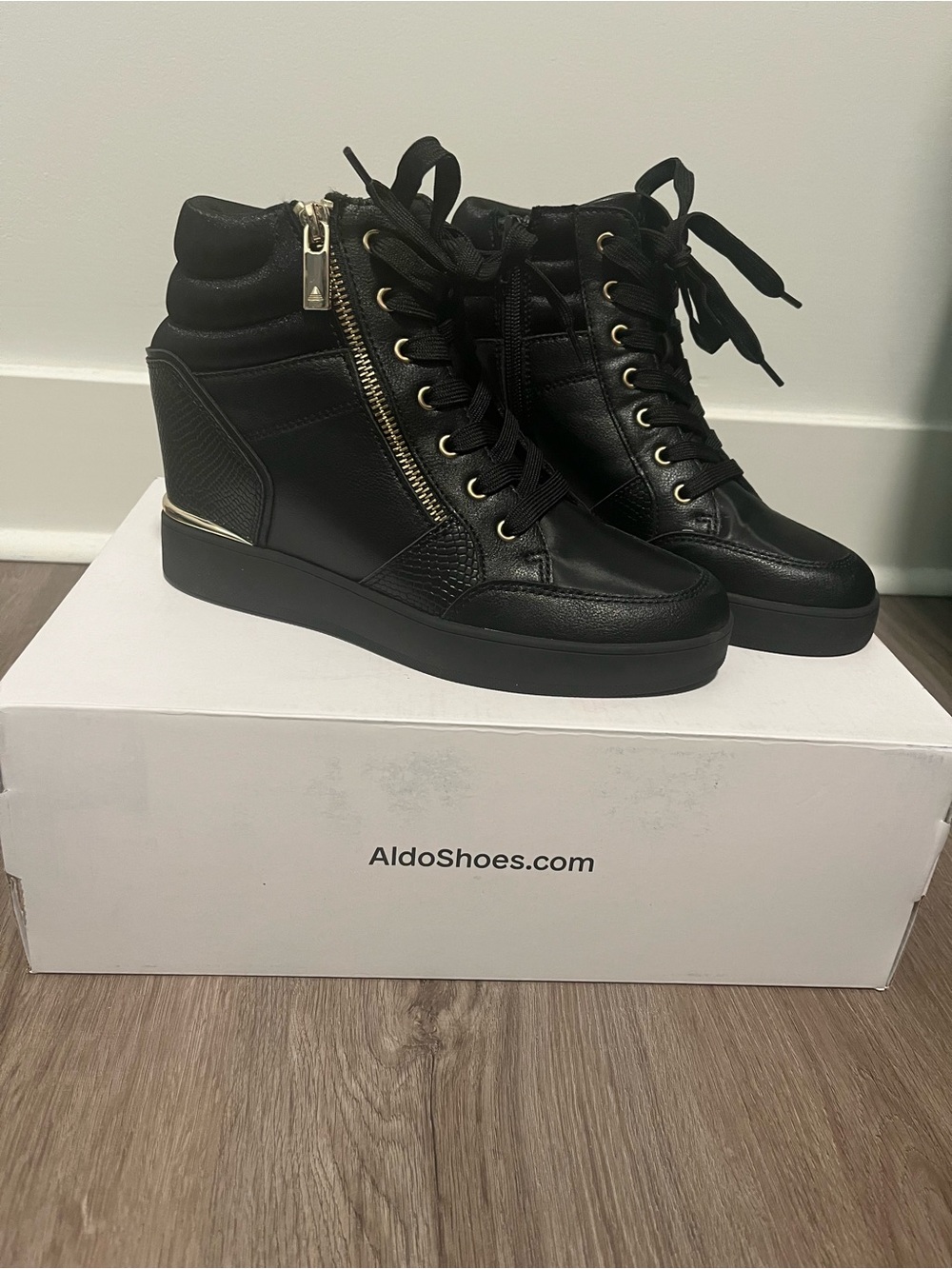 Aldo Black Leather Lace-Up Wedge Boots with Gold Accents